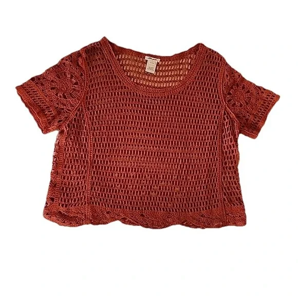 Ultra Pink Womens Crochet Top L Orange Open Knit Layering Boho Festival Cottage - Picture 3 of 9